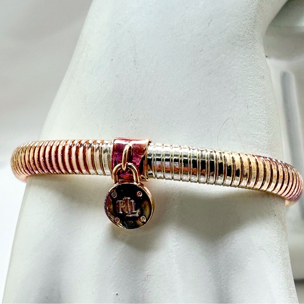 Lauren Ralph Lauren, Rose Gold And Silver Stretch Bracelet With Logo Charm